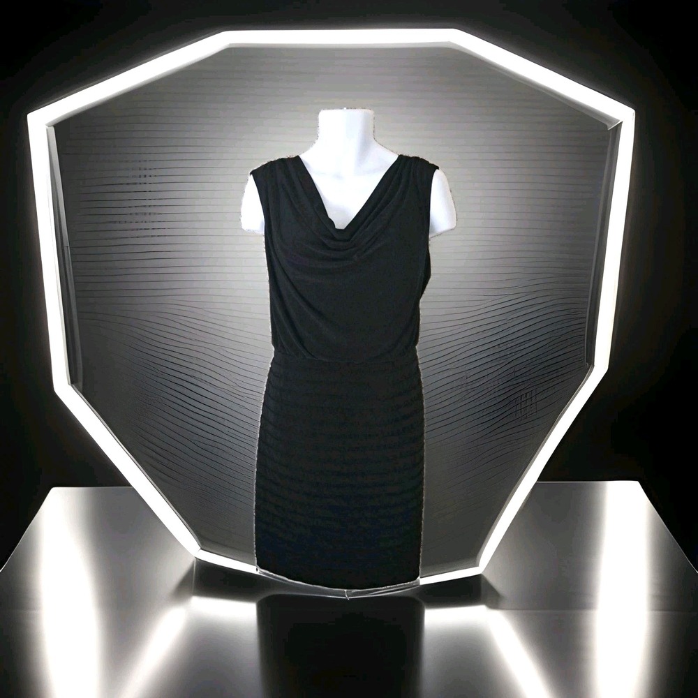 Adrianna Papell Black Sleeveless Cowl Neck Sheath Dress With Rumple Tiers.